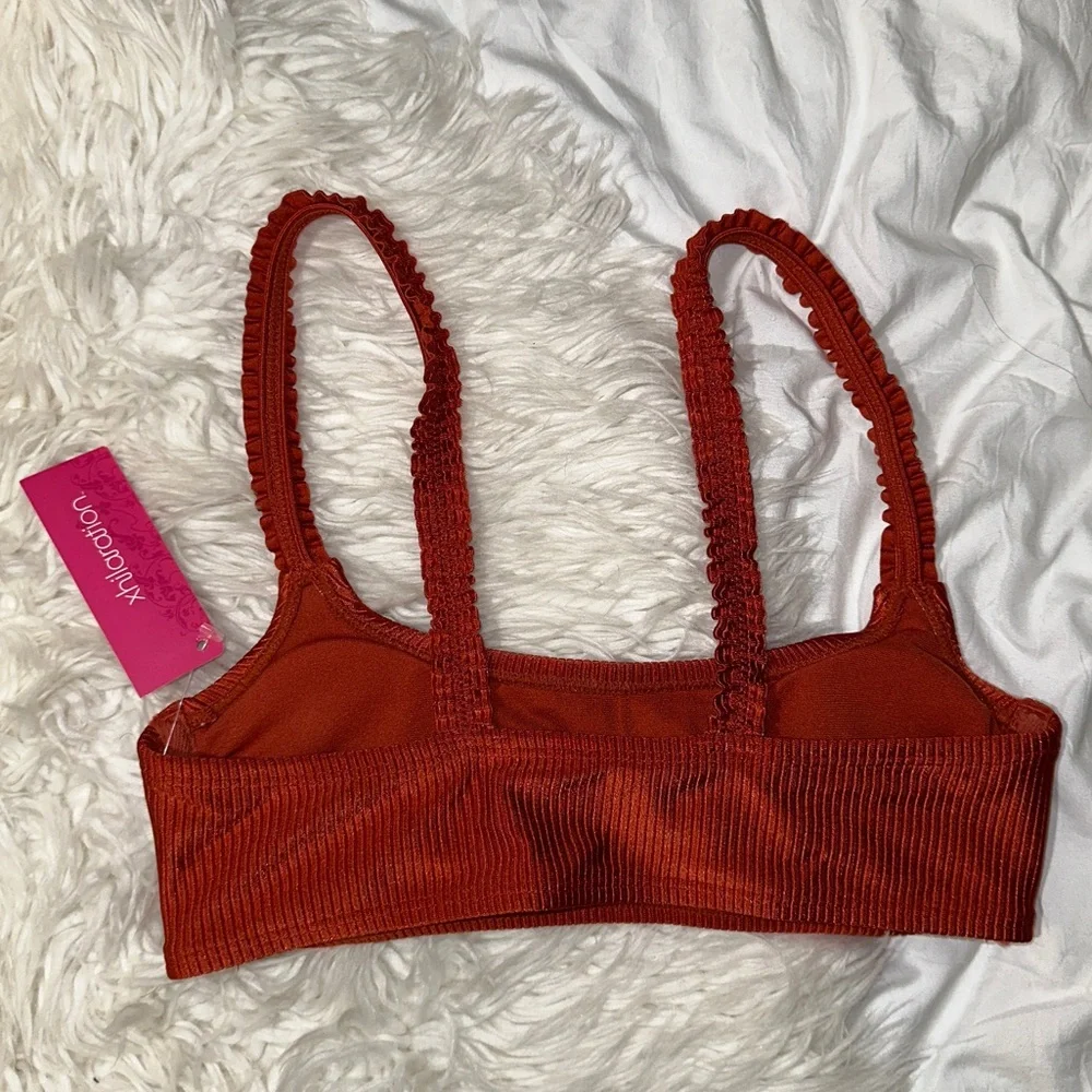 Xhilaration | NWT Ribbed Ruffle Strap Bikini Top Dark Red Burnt Orange S